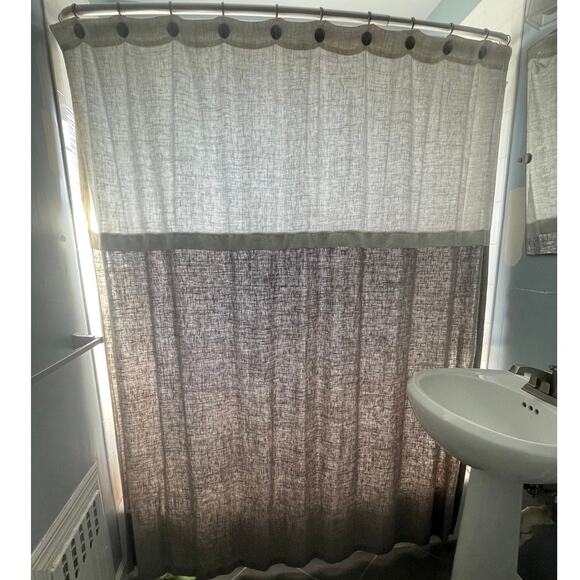 Veratex 100% Linen Shower Curtain 72x75 White Grey & Round Brush Steel Hooks - Picture 1 of 6